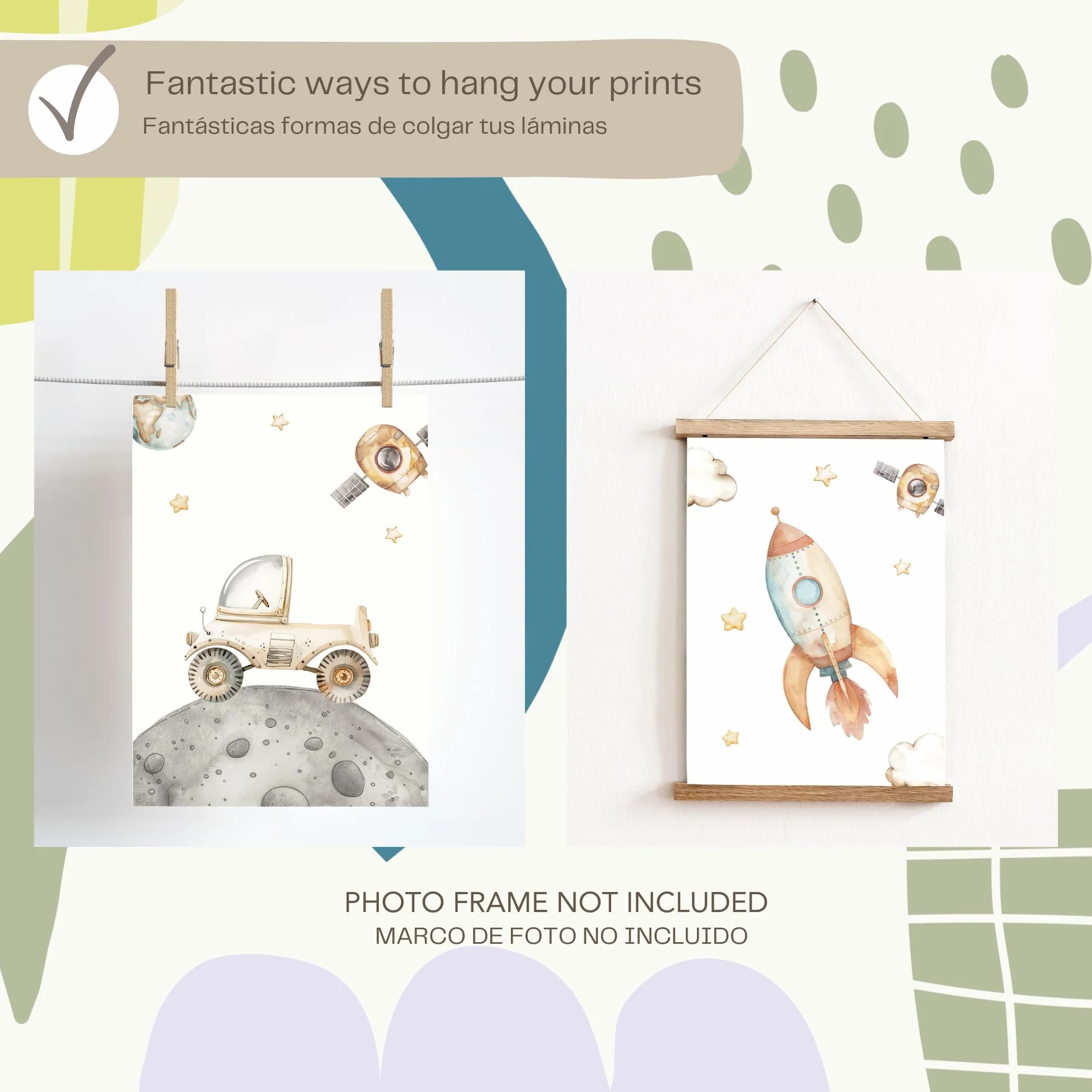 ayurvana: Set 6 Láminas Espacio Bebé - Decoración Pared Habitación Infantil | Set de 6 láminas A4 con animales astronautas. Diseño acuarela para decorar la habitación de tu bebé con ternura y estilo.