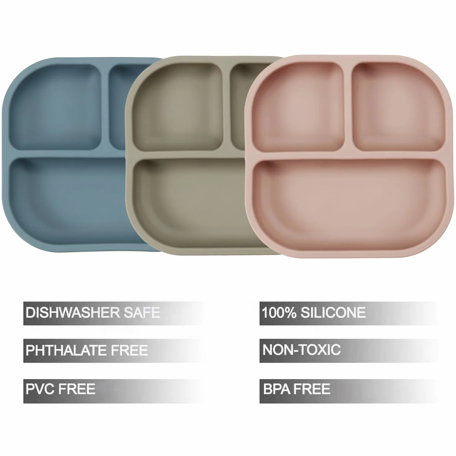 PandaEar Platos de Succión para Bebés, Juego de 3 Platos y Cucharas de Silicona para Bebés, Niños Pequeños e Infantes, Plato Dividido con Succión para Niños Pequeños (Azul/Roja/Marrón)