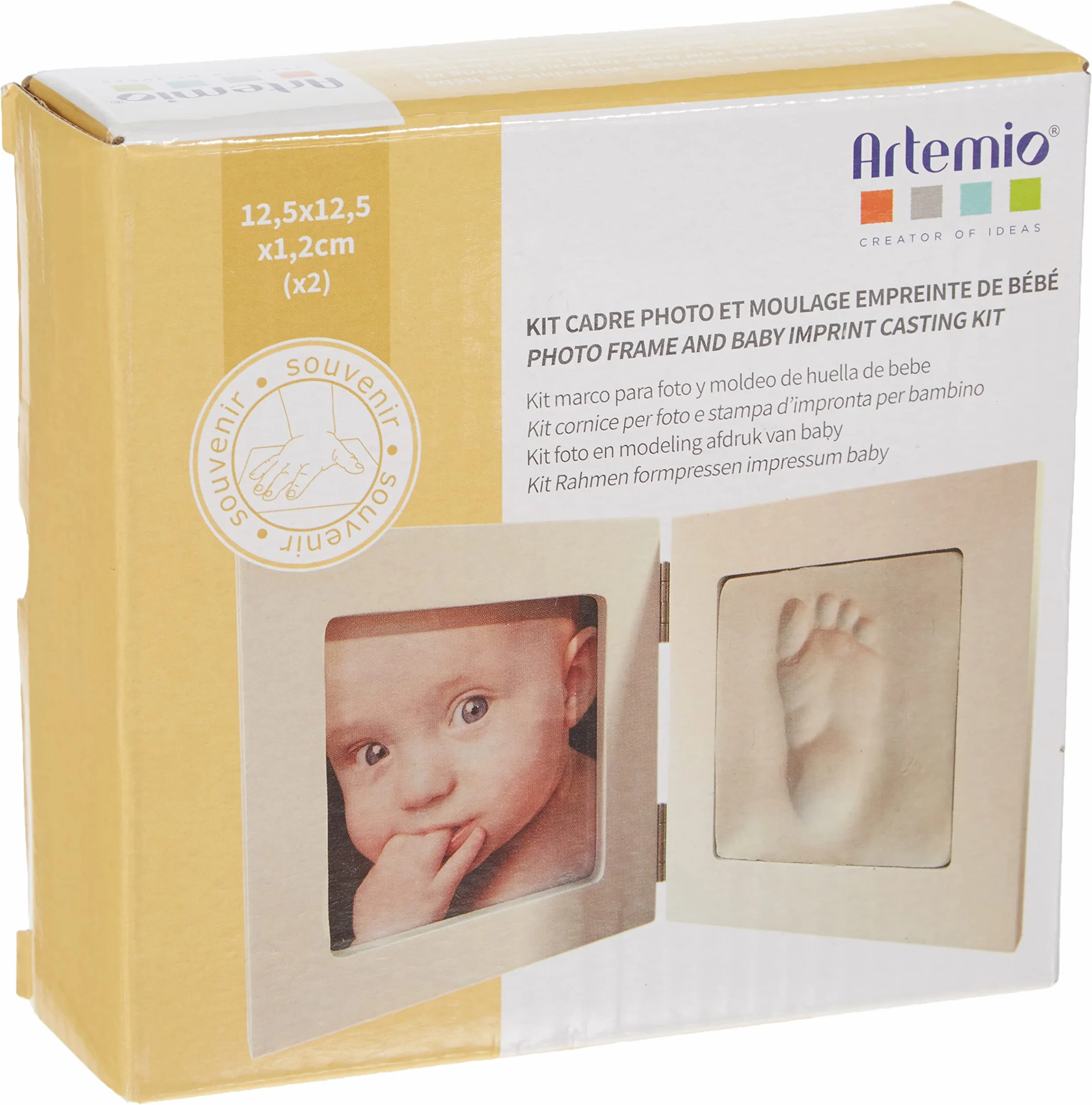 Artemio Kit Moldeo de huella de bebé y marco de fotos, madera, blanco, 12.5 x 12.5 x 1.2 cm