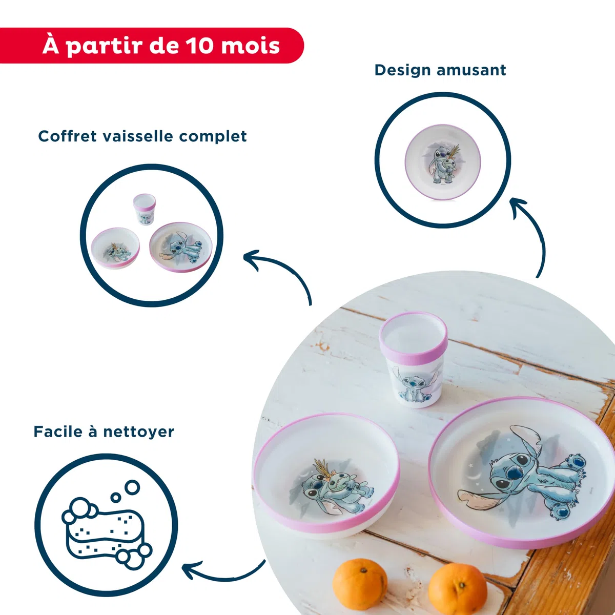 STOR Vajilla Infantil Antideslizante Stitch - Set 3 Piezas Plato Cuenco Vaso 260ml - Plastico sin BPA Apto Microondas - Disney Baby