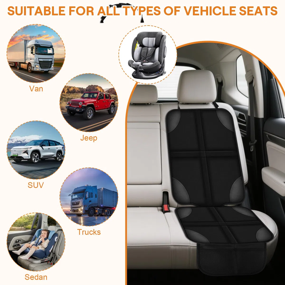 TOSAVGA Protector Asiento Coche Niños, Protectores de Asiento de Cuero Impermeables, Compatible Isofix con Organizador Bolsillos, Antideslizante Impermeable Protector Seguro Respaldo, para SUV, sedán