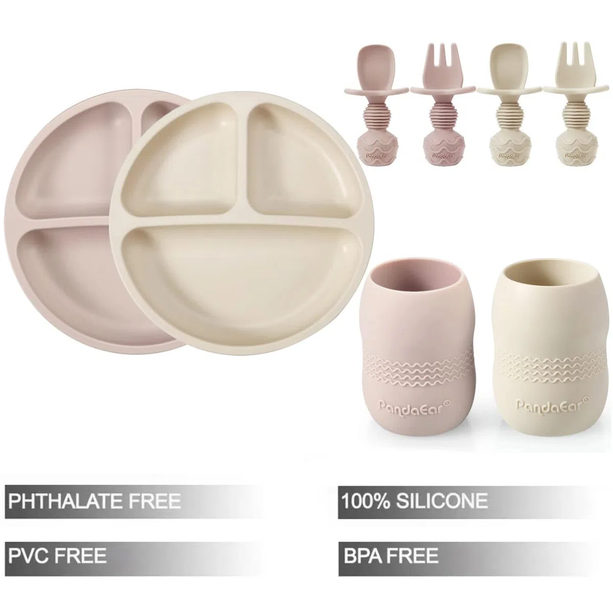 PandaEar Set de Alimentación Autónoma para Bebés | 2 Platos de Succión Divididos y 2 Tazas Pequeñas con 2 Cucharas y 2 Tenedores| Suministros de Silicona para Destete (Rosa)