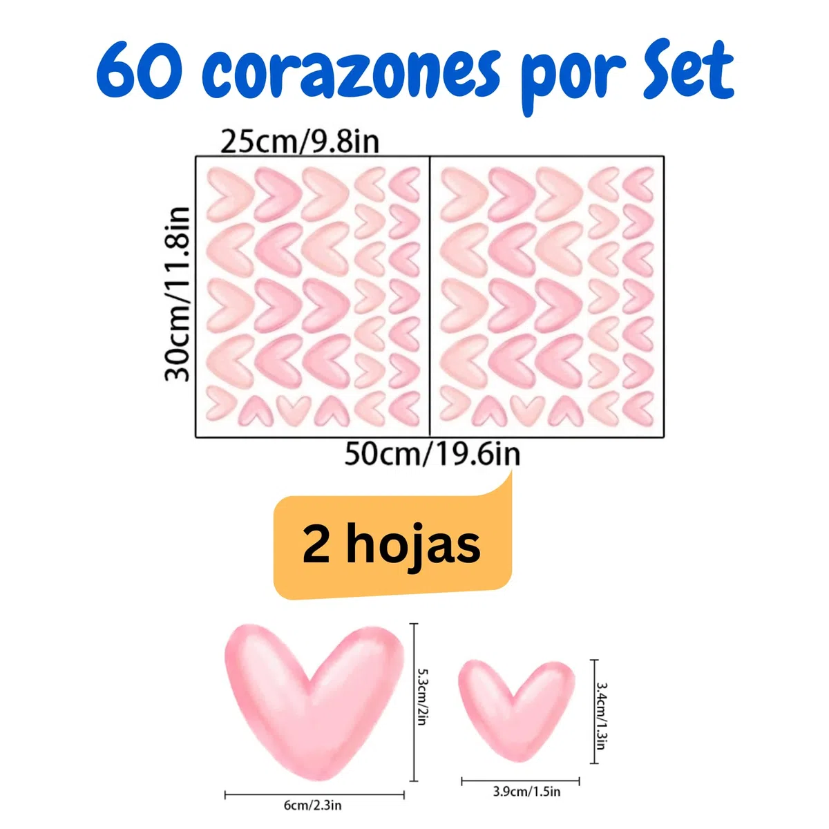 Set de 60 Pegatinas Infantiles Decorativas de Vinilo Adhesivo para Pared - Diseño de Corazones Rosa Adhesivos estilo Acuarela para Decoracion Habitacion Niño, Niña