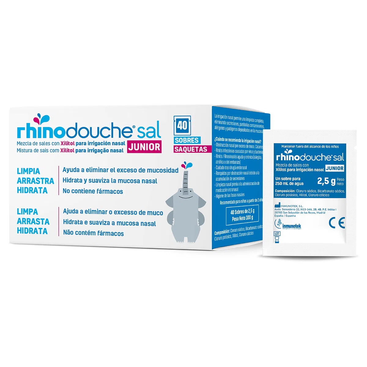 RHINODOUCHE Sal Junior. 40 sobres de 2,5g que contienen una mezcla de sales con xilitol para llevar a cabo irrigación nasal con el dispositivo RHINODOUCHE Junior.(Dispositivo no incluido)