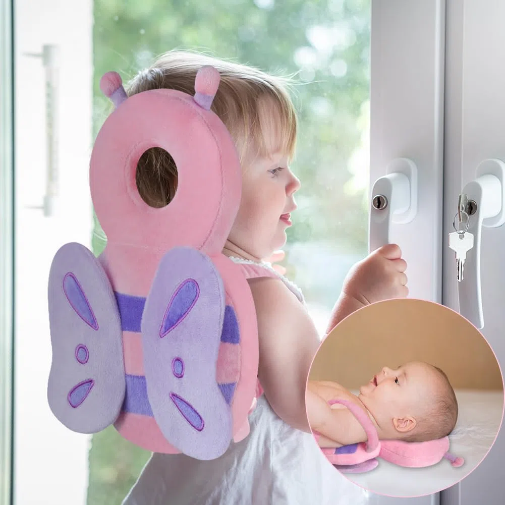 Vicloon Protector de Cabeza para Bebe, Cojín Protector Seguridad Bebe con Rodilleras, Ajustable Almohada Protección Bebe, Protección para Cabeza y Espalda del Niños para Gatear y Caminar-Mariposa rosa