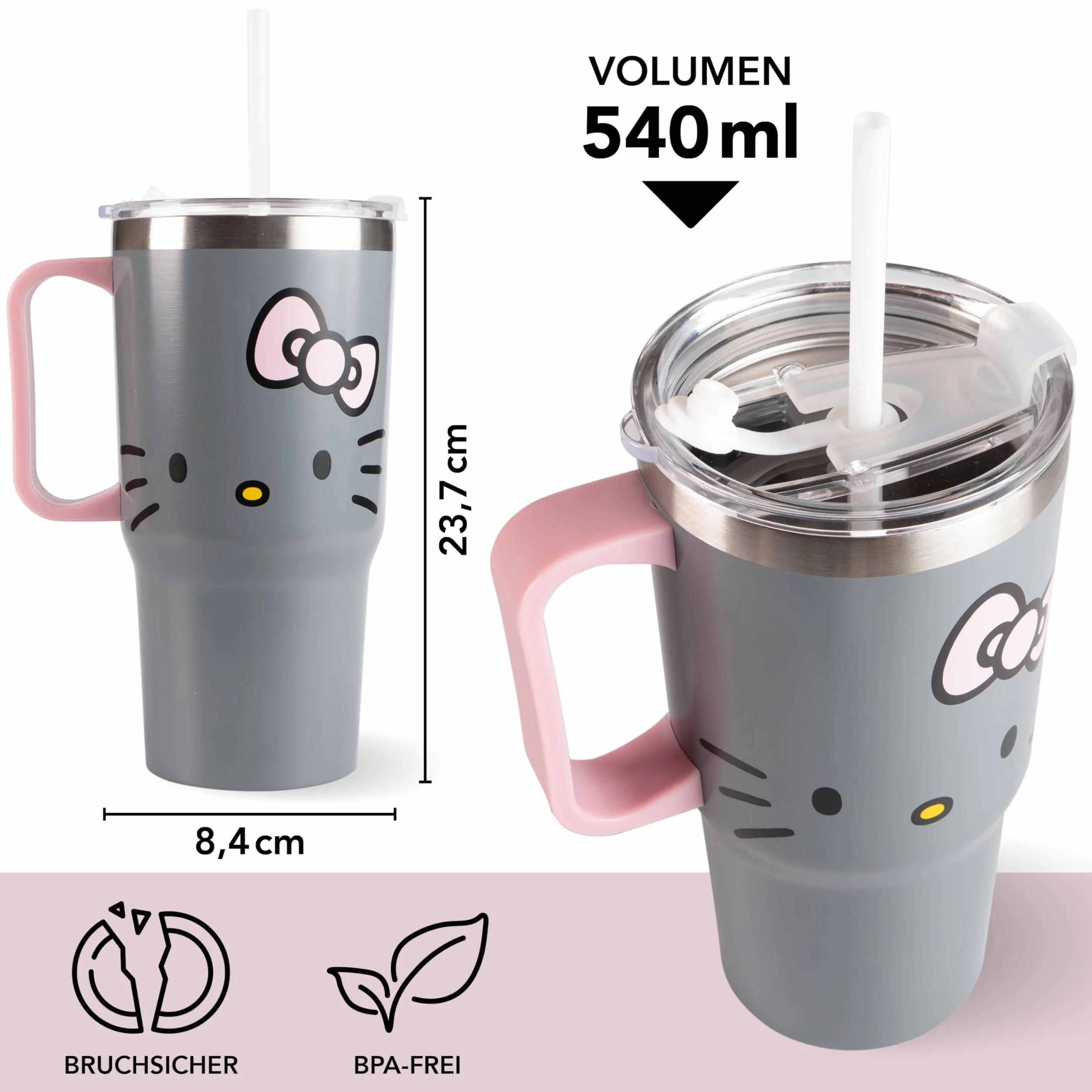 Hello Kitty - Vaso con tapa y pajita para niños, 540 ml, con asa, color gris, apto para bebidas frías