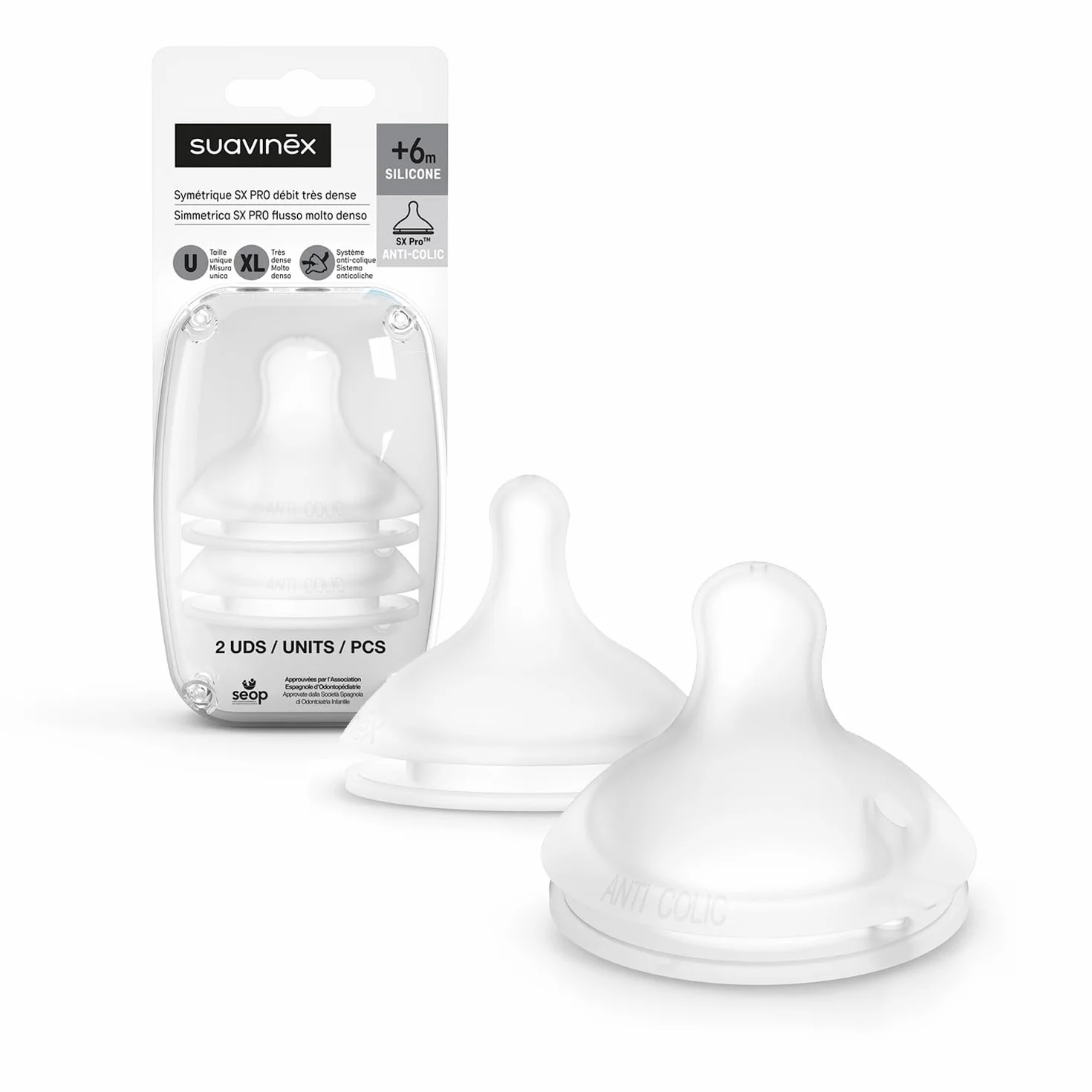 Suavinex, 2 unidades de silicona simétricas Sx Pro para Biberon Suavinex, Tetina de flujo muy denso (XL), para alimentos y cereales densos, +6 meses, con válvula anticólico, 2 unidades