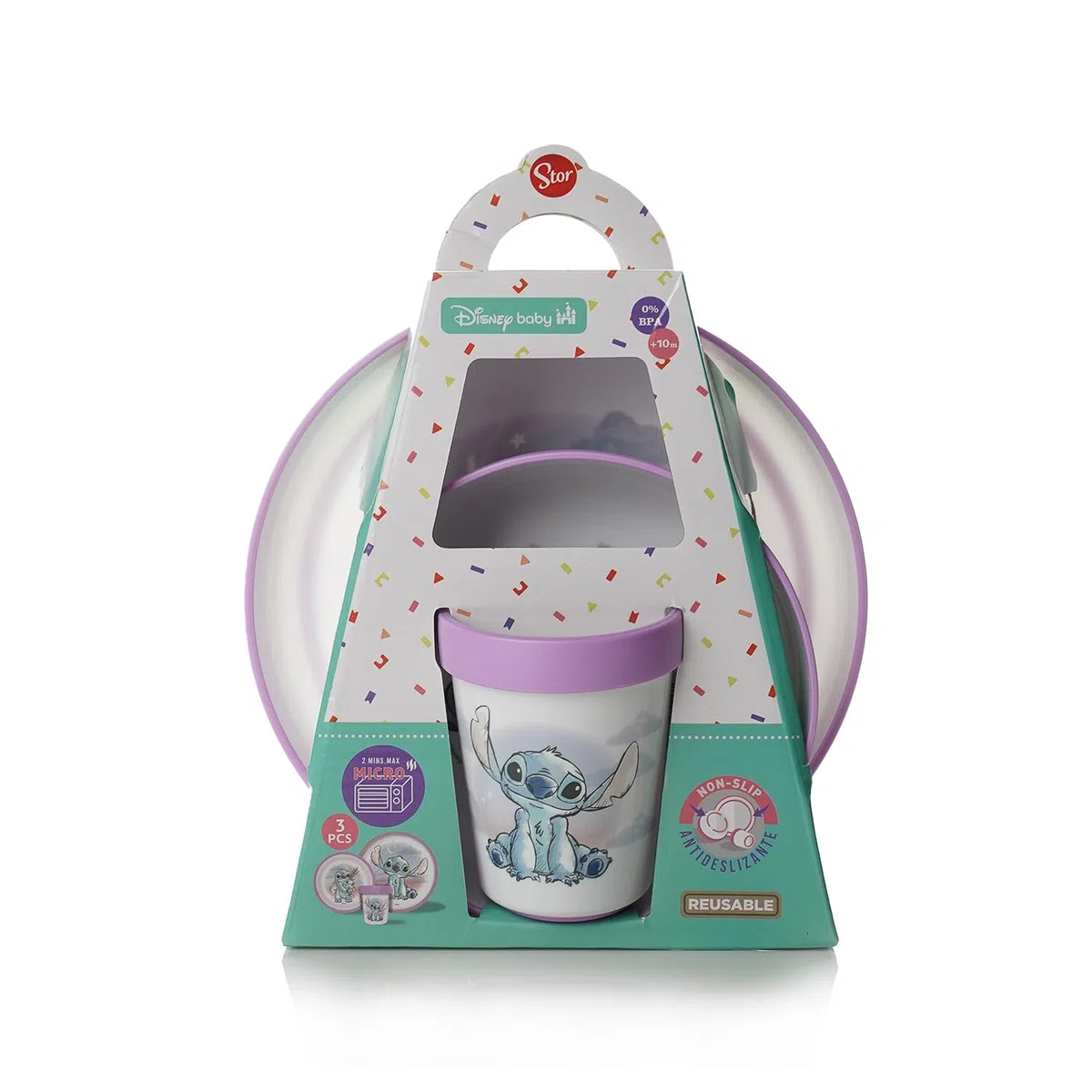 STOR Vajilla Infantil Antideslizante Stitch - Set 3 Piezas Plato Cuenco Vaso 260ml - Plastico sin BPA Apto Microondas - Disney Baby