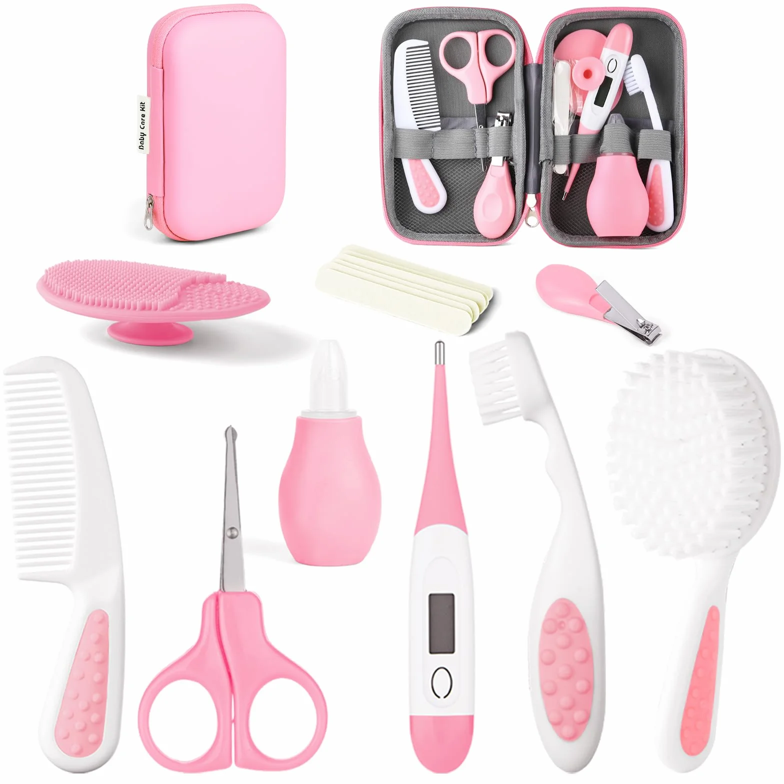 flintronic Set para Cuidado del Bebé, 14 en1, Kit de Cuidado e Higiene para Bebés, Peine, Cepillo, Cepillo de Dientes de Dedo, Cortaúñas(de Madera), Tijeras para Viaje y el Uso Diario, Rosa
