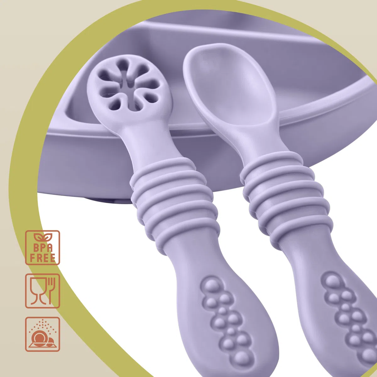 Cucharas Bebé 6 Meses BLW – Set 2 Cubiertos Bebé Silicona LFGB | Cucharas Aprendizaje Antiahogo | Fácil Agarre | Sin BPA | PequeLuz