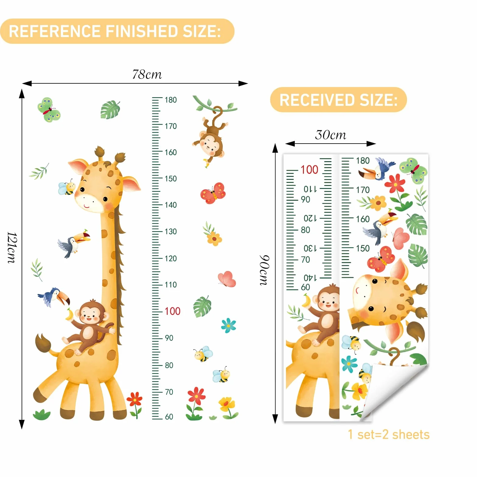 SHUCHING Pegatinas de Pared Medidor Niños, Vinilos Decorativos Jirafa Mono, Vinilo Adhesivo Pared Salón Dormitorio Habitación Infantiles Bebé