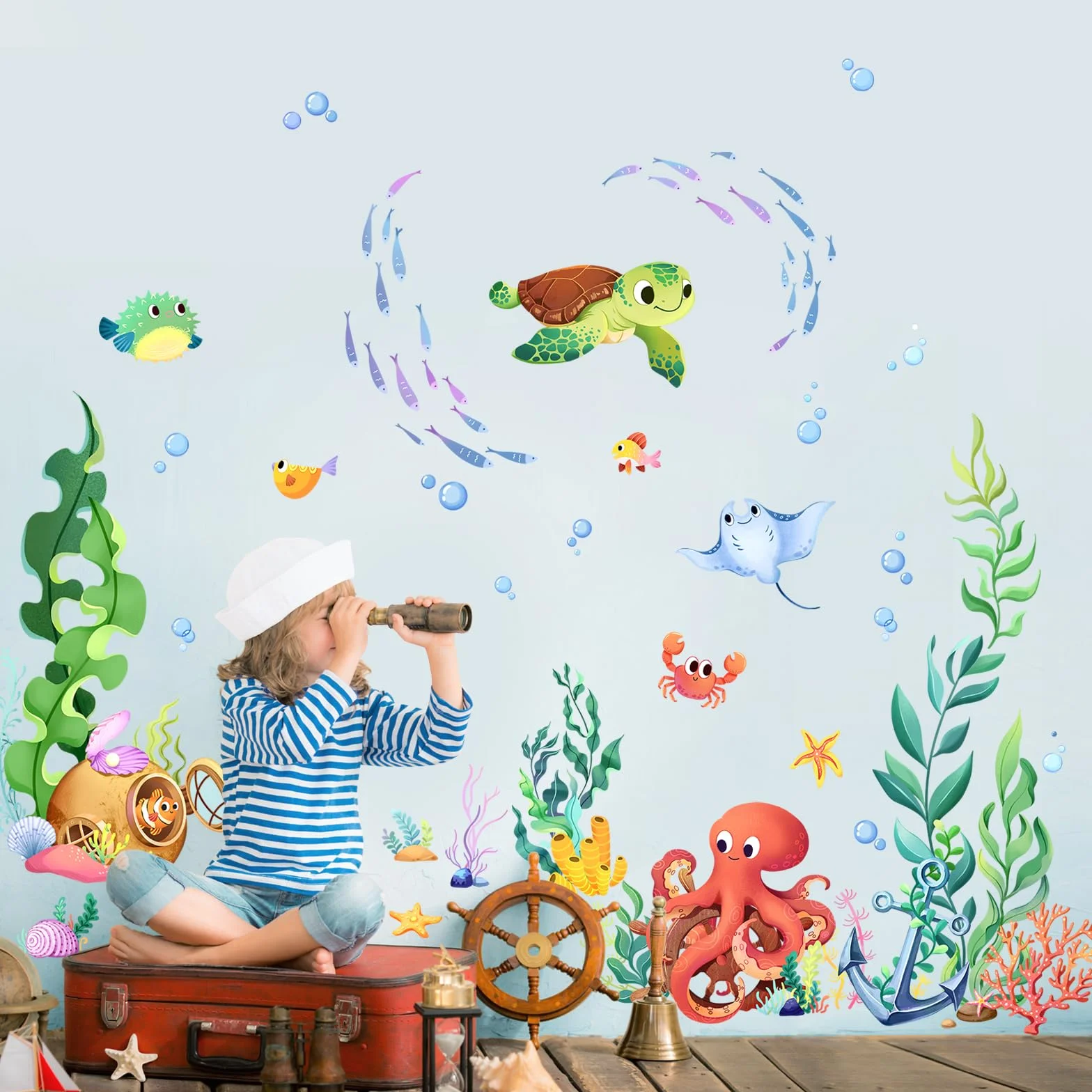 Supzone Pegatinas de Pared Bajo el Mar Peces Vinilos Decorativos Tortugas Algas Adhesivos Decoración para Niños Habitación Guardería Bebé Baño Dormitorio
