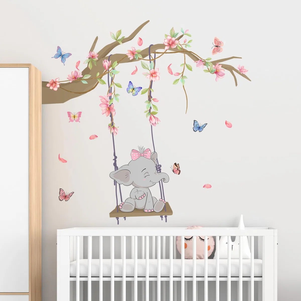 Tanlaby Rosa Columpio Elefante Vinilo Pared, Rama Flores Rosas Mariposas Pegatinas de Pared Caricatura Autoadhesivo Removible Vinilos Decorativos para Dormitorio de Niña Guardería Decoracion Pared