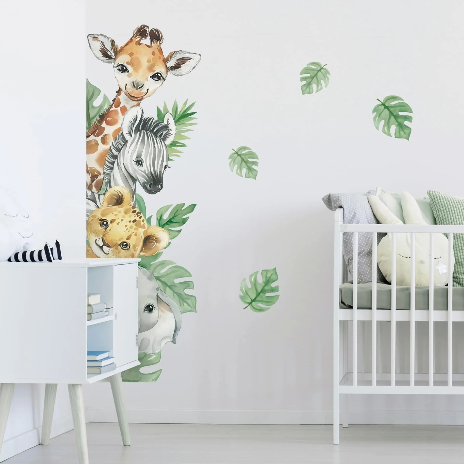 Pegatinas de Pared Animales de la Jungla Jirafa Cebra Hojas Verdes Vinilos Decorativos para Bebé Habitación Guardería