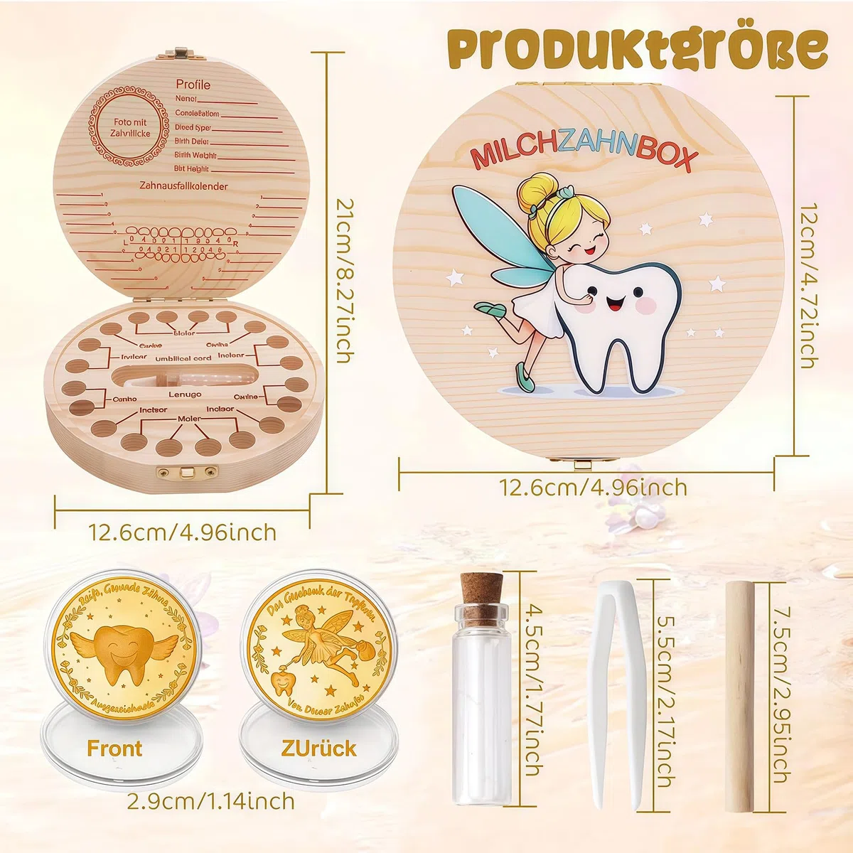 Caja de dientes de leche con motivos coloridos para niños y niñas, juego de regalo con 2 monedas, caja de dientes personalizable para dientes de leche, regalo para el tiempo