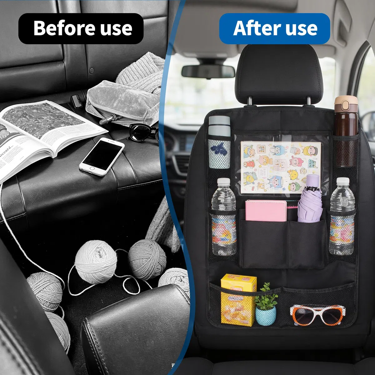 JIYANA 2 Piezas Organizador Asiento Coche Niños, Protector Asiento Coche en Tela Oxford 600D Resistente al Desgaste, Organizador de Asiento para Respaldo con 10 Bolsillos Multifuncionales