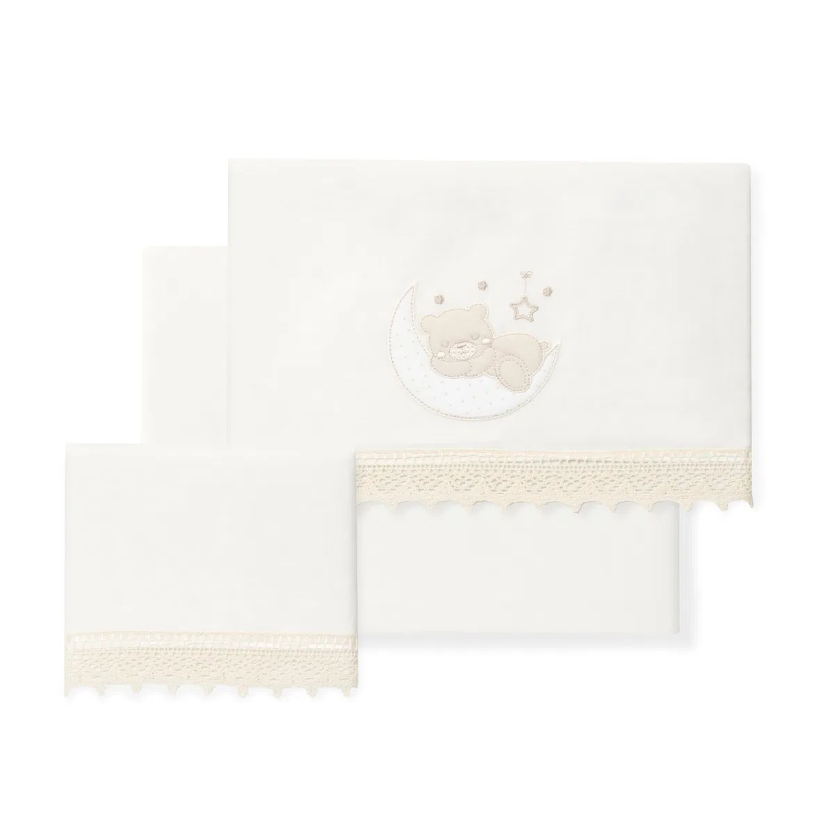 Interbaby - Sábanas Bebé 100% Algodón Coche/Moisés/CAPAZO - Guipur Oso Luna Conjunto 3 Pcs, Bajera+encimera+Funda Almohada - Hecho en España
