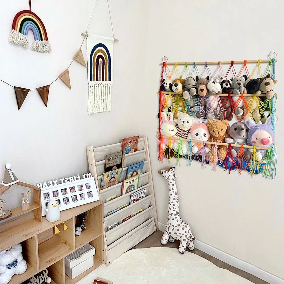 Hamaca de Almacenamiento de Animales de Peluche, Macramé para Colgar en la Pared Juguetes de Peluche Hamaca de Red Organizador de Juguetes Altura Ajustable para Guardería Sala Habitación