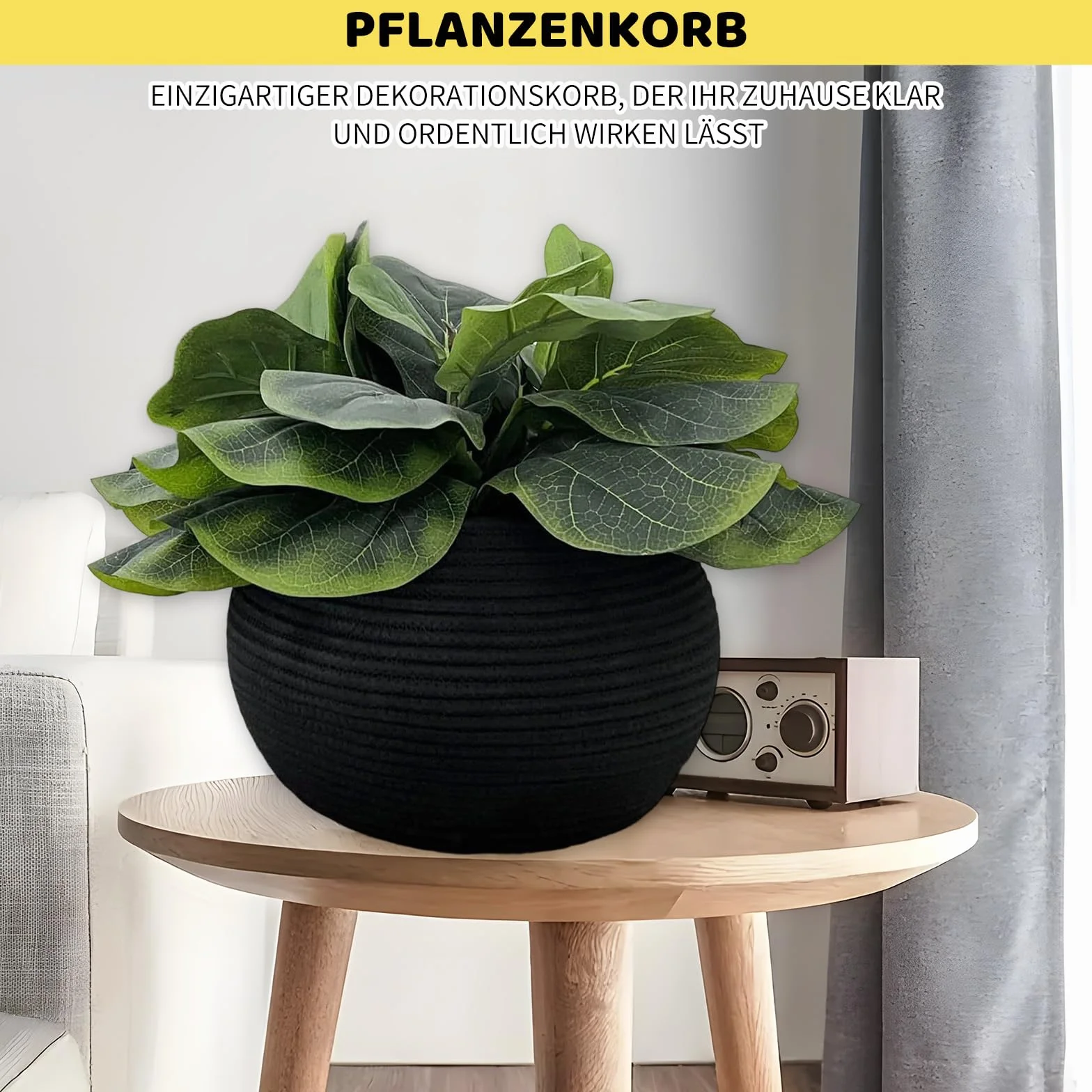 Cesta de almacenamiento negra trenzada redonda 25 x 21 cm para mantas salón decoración