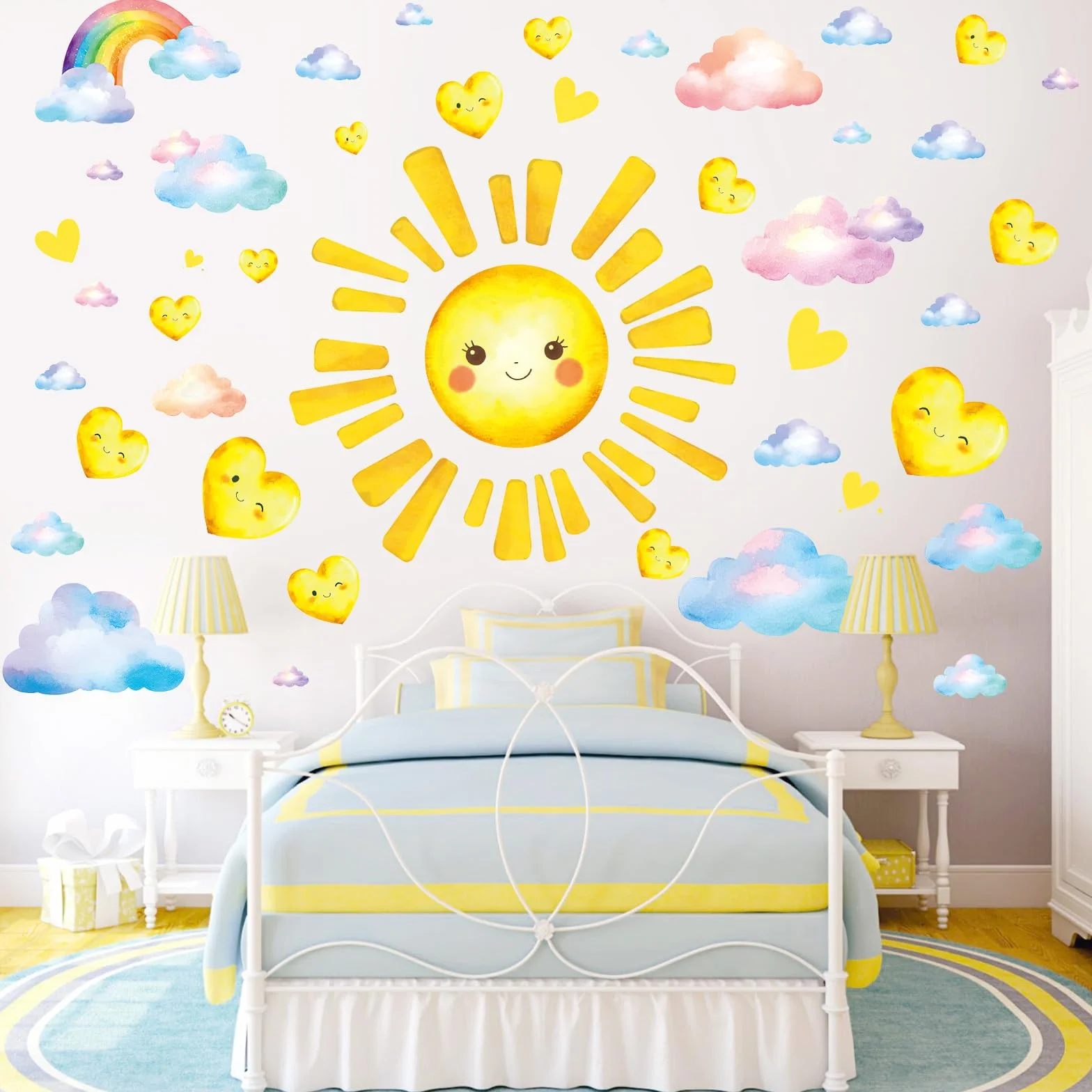SHUCHING Pegatinas de Pared Sol Grande, Vinilo Adhesivo Pared Nubes para Niños, Vinilos Decorativos para Dormitorio Infantil