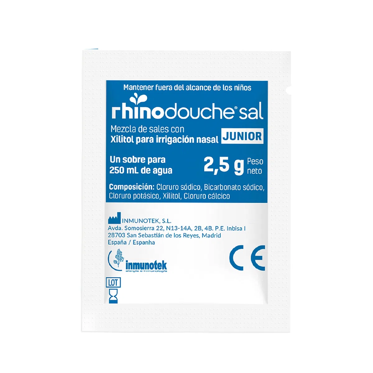 RHINODOUCHE Sal Junior. 40 sobres de 2,5g que contienen una mezcla de sales con xilitol para llevar a cabo irrigación nasal con el dispositivo RHINODOUCHE Junior.(Dispositivo no incluido)
