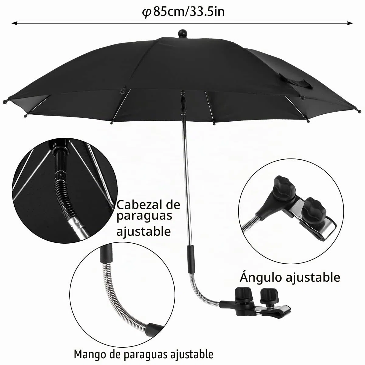 Parasol universal UV 50+ con pinza ajustable y brazo flexible para cochecito, bicicleta, silla de ruedas, silla de playa, Negro , 85CM(B)