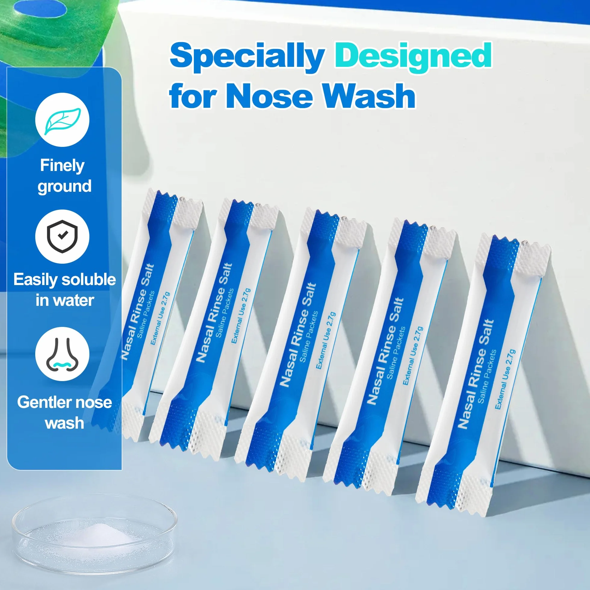 Waterpulse Neti pot Sal Lavado Nasal, 120 Pack de sal para irrigación nasal, Alivio Conductos Nasal,Sinusitis, Rhinitis Alérgic, Limpiador Nasal Niños y Adulto para Enjuague Nasal y Sinusal