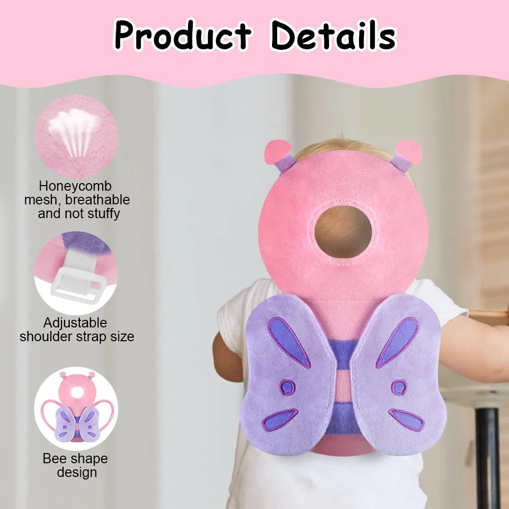 Vicloon Protector de Cabeza para Bebe, Cojín Protector Seguridad Bebe con Rodilleras, Ajustable Almohada Protección Bebe, Protección para Cabeza y Espalda del Niños para Gatear y Caminar-Mariposa rosa