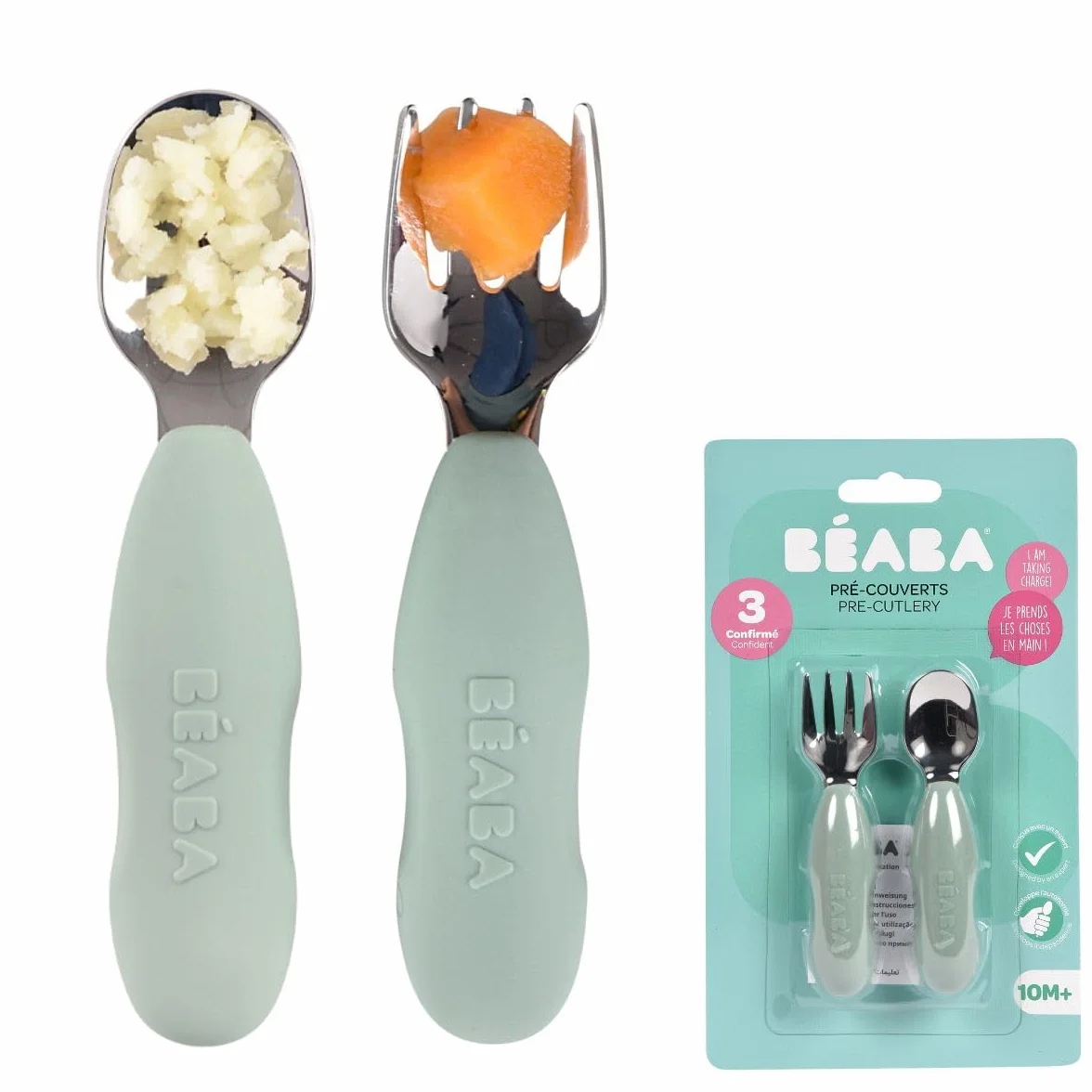BÉABA, Juego de 2 cubiertos de acero inoxidable y silicona, cubertería infantil, a partir de 10 meses, forma ergonómica, mango ergonómico, cubiertos para bebé, color verde