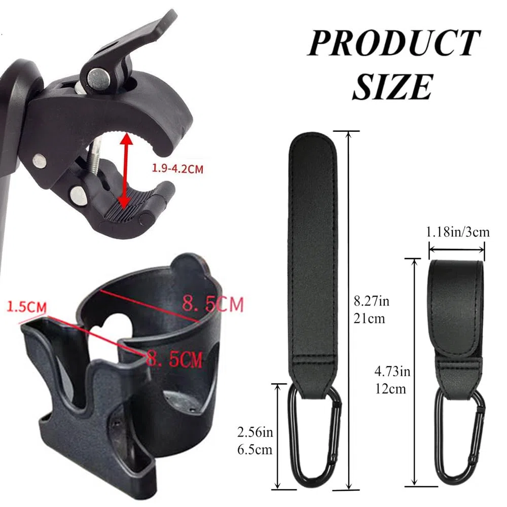 Portavasos para Carrito de Bebé con 2 Ganchos, Rotación de 360 Grados para Bicicleta, Diseñado con Gran Calibre (Negro)