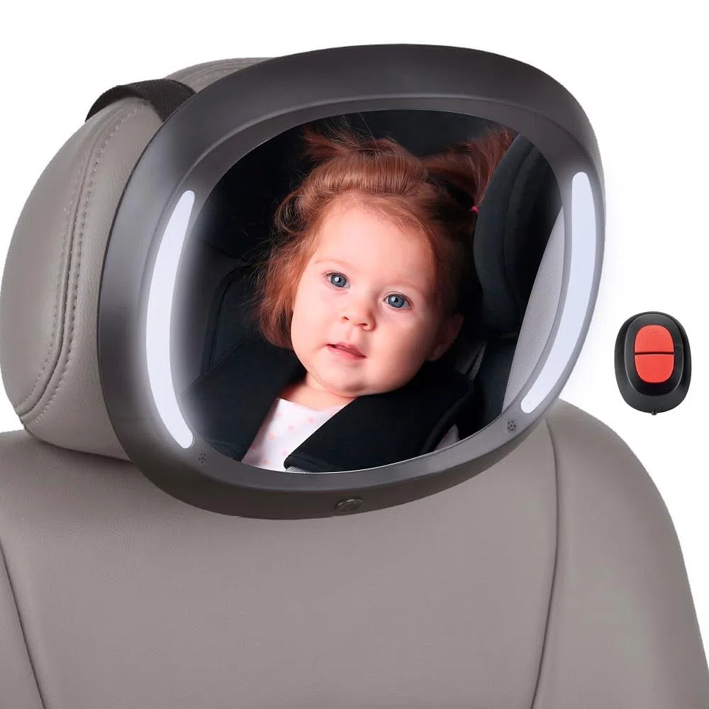 Espejo Coche Bebe con Luz LED Interbaby | Irrompible, Rotación 360º, Ajuste Universal | Espejo Retrovisor Asiento Trasero para Bebes, Instalación Fácil, Mando a Distancia, Negro