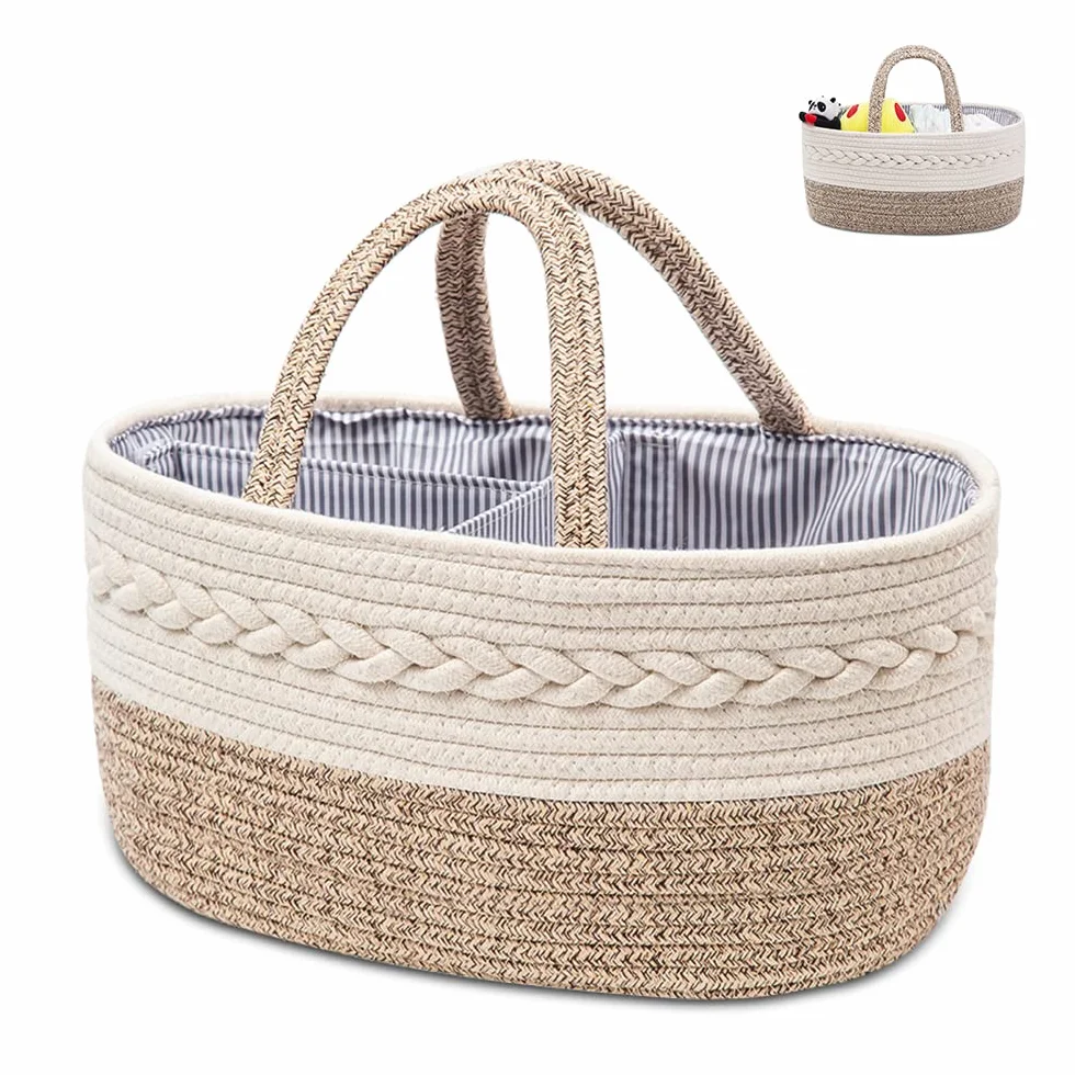 YEONHWA Caja de almacenamiento de pañales para bebé, cesto de almacenamiento de algodón para bebé de cuerda tejida, con asa portátil y gran caja de almacenamiento para el vestidor, beige