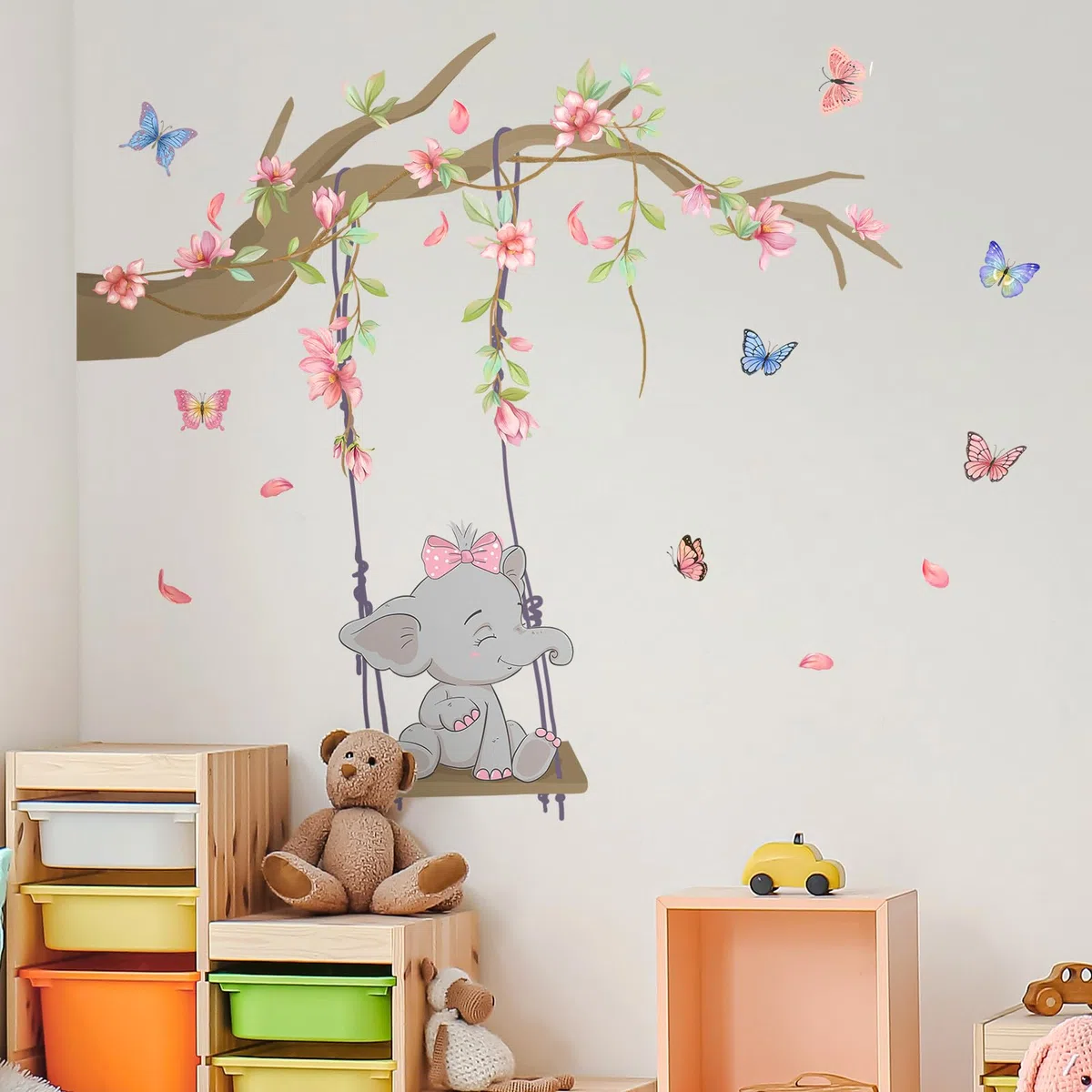 Tanlaby Rosa Columpio Elefante Vinilo Pared, Rama Flores Rosas Mariposas Pegatinas de Pared Caricatura Autoadhesivo Removible Vinilos Decorativos para Dormitorio de Niña Guardería Decoracion Pared
