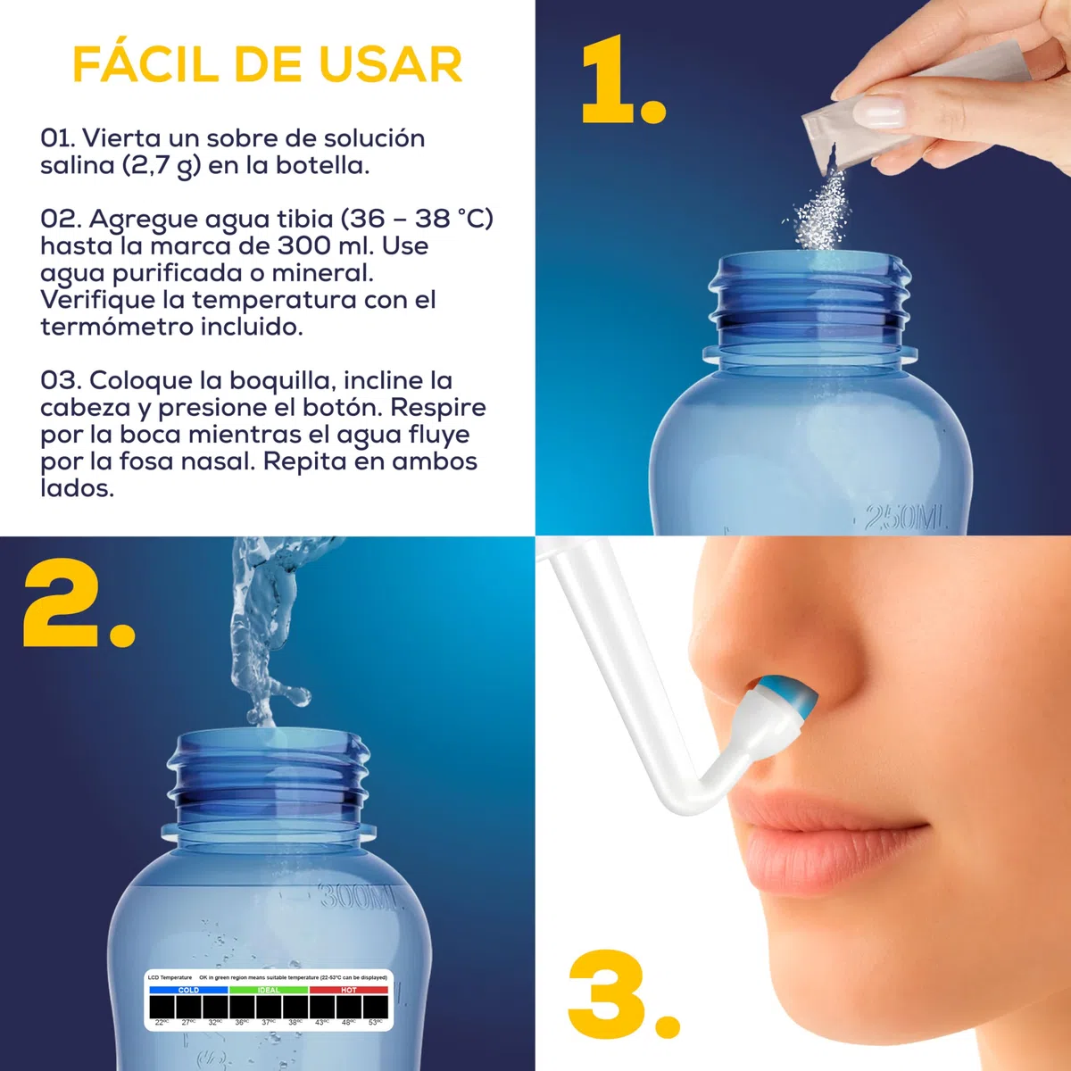 Kit de Lavado Nasal con Válvula de Control de Agua – Irrigador Nasal con 30 Sobres de Sal – Puntas para Adultos y Niños – Limpieza Nasal Diaria - Incluye termometro - Capacidad de 300ml