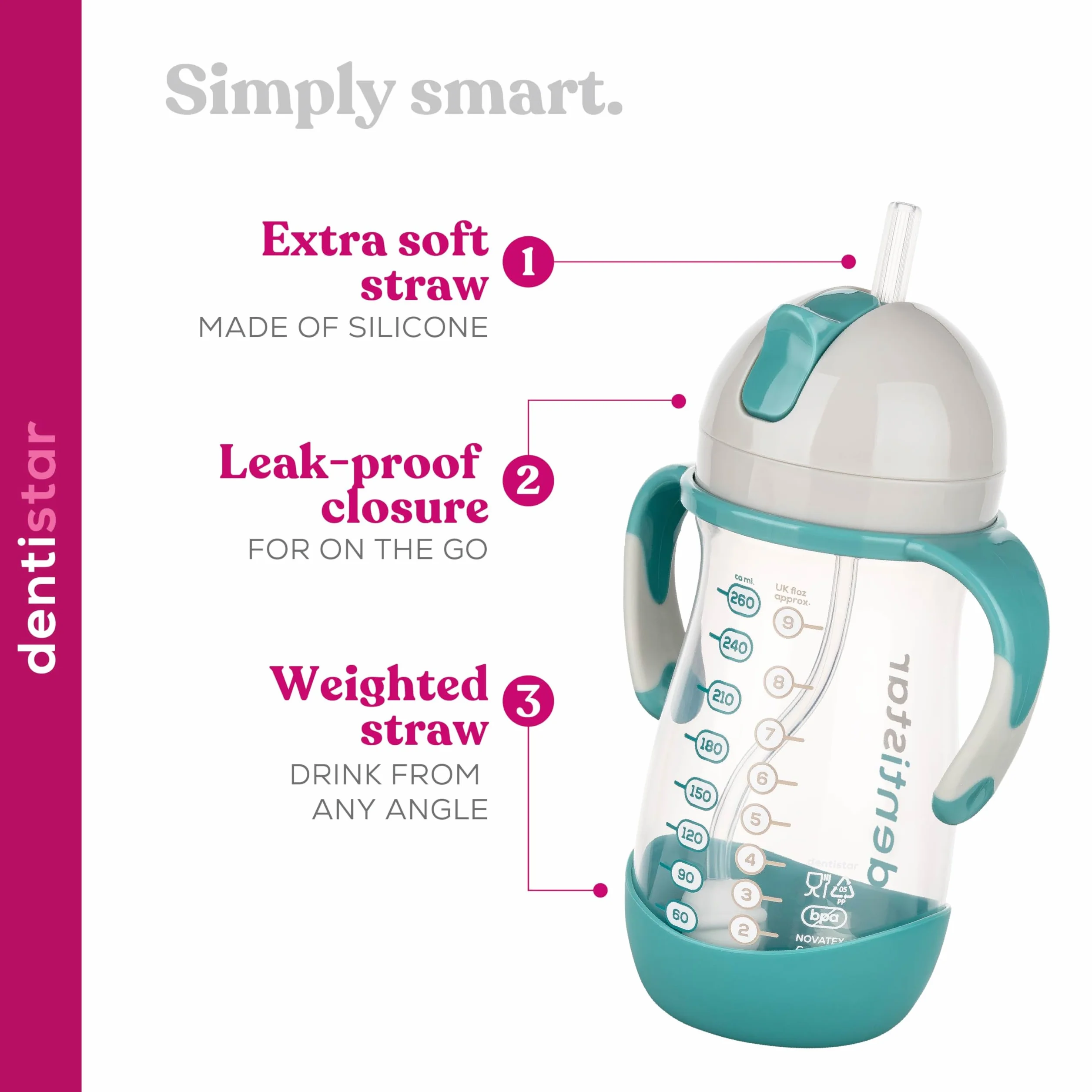 Dentistar Taza infantil hermética con pajita móvil, 260 ml – Biberón antigoteo para niños a partir de 6 meses – Vaso con asas antideslizantes y con cepillo de limpieza – Sin BPA - Menta