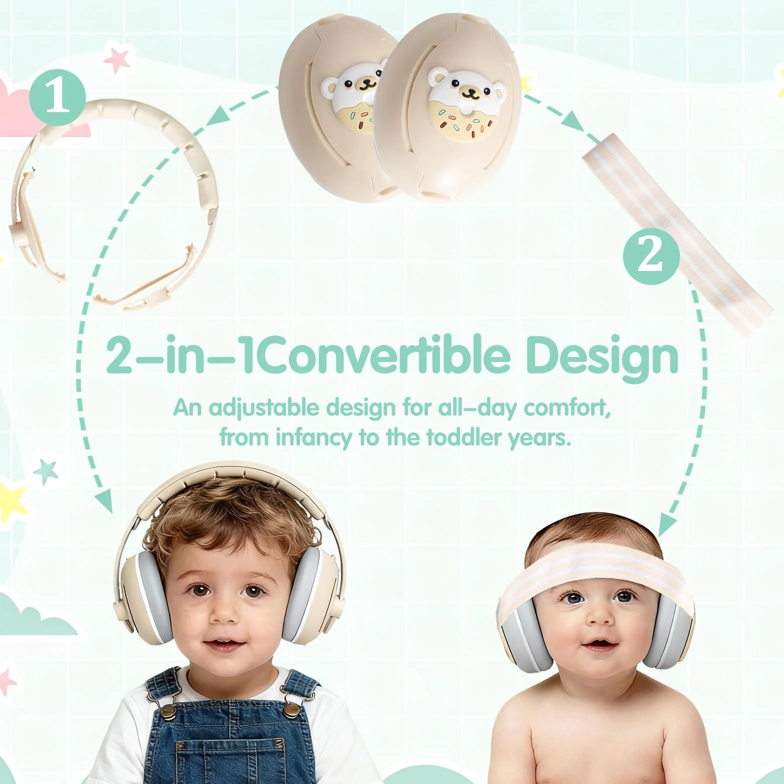 Cascos Bebe Antiruido,2 en 1 Cascos Antiruido Bebe,Ajustable Auriculares Bebe Antiruido,Protector Auditivo Bebe Diadema Suave Ideal Para Dormir, Viajes en AvióN y Fiestas