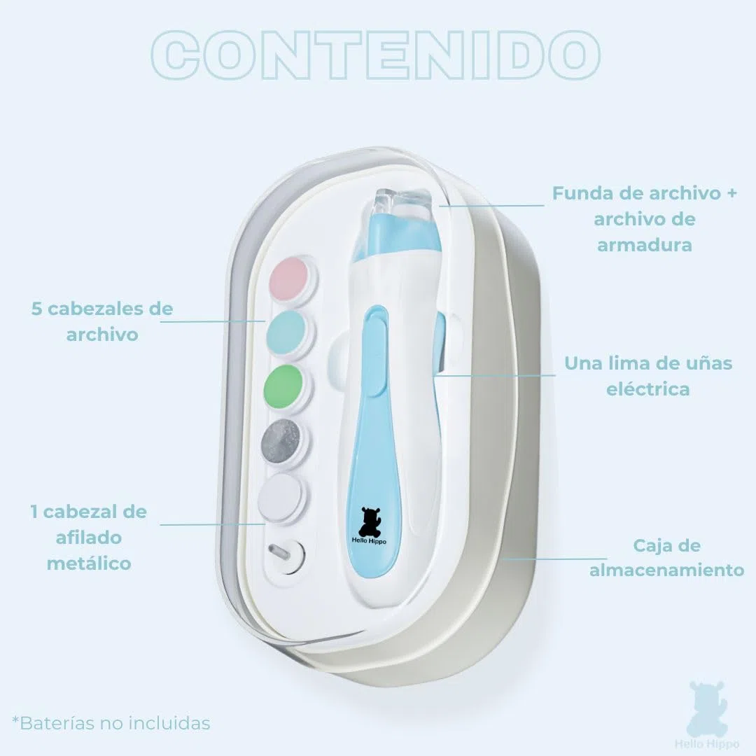 Hello Hippo - Lima de Uñas Eléctrica para Bebé Recién Nacido | Seguridad y Precisión con Luz LED | 4 Velocidades & 6 Cabezas | Kit de Higiene para Bebés Práctico