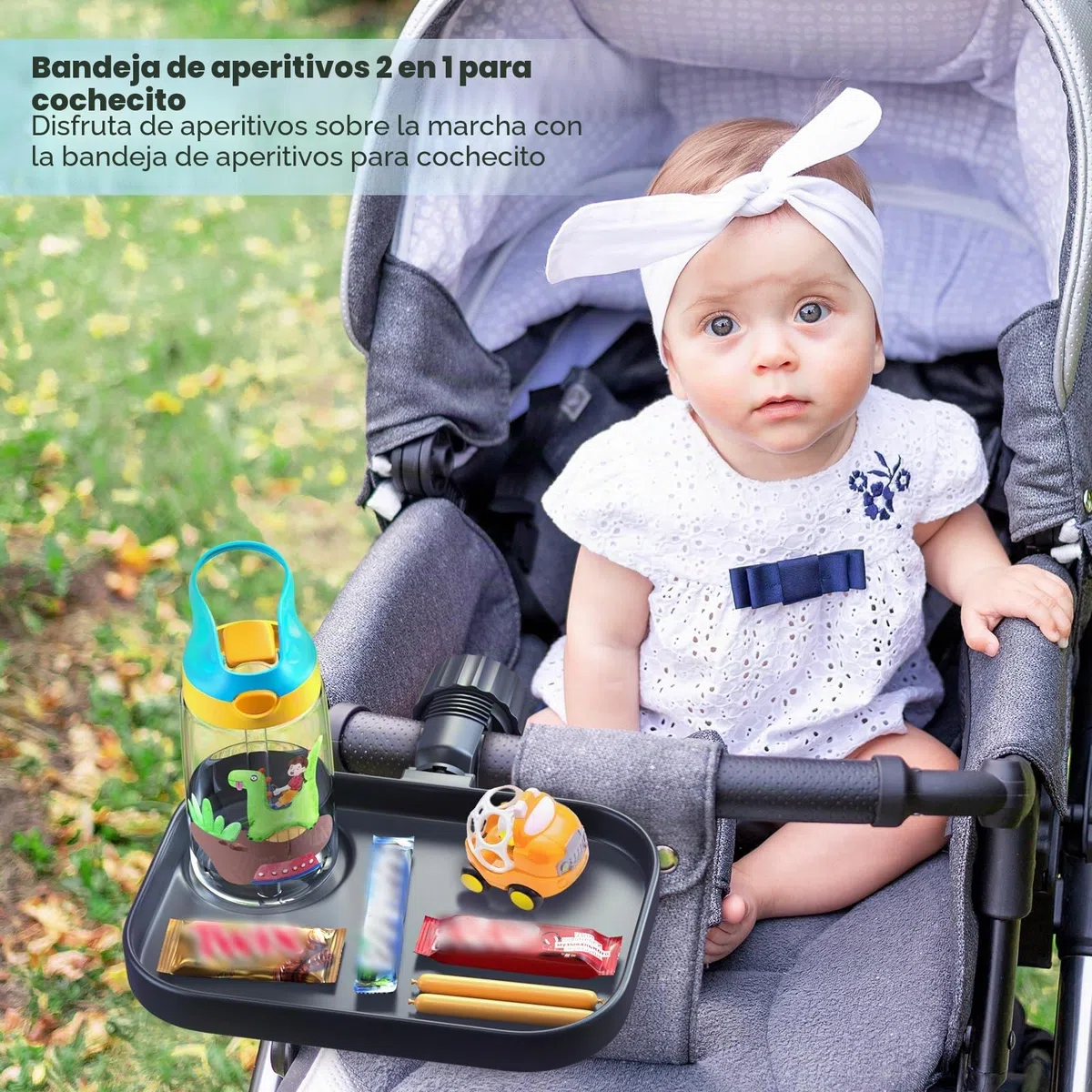 KDD Universal Bandeja de bocadillos Cochecito, 2-1 Bandeja para Cochecito con Portavasos, Accesorio para Bandeja Organizadora, Compatible con Carrito de la Compra Uppababy, Baby Jogger, Britax, Bob