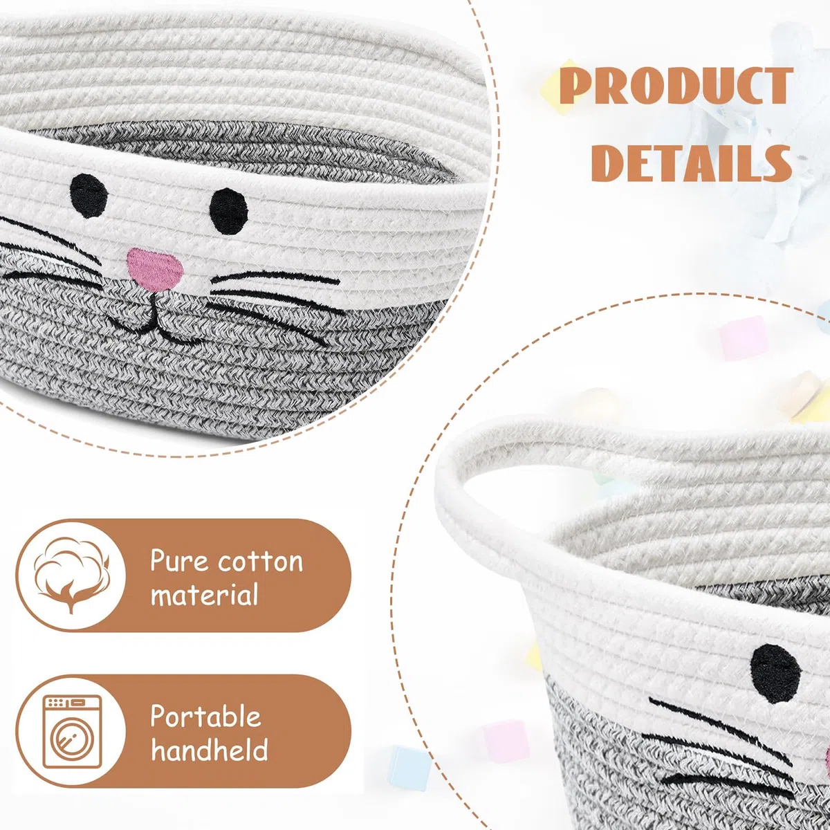 Cesta de Cuerda de algodón Trenzado Gris con Asas, Linda Cesta de Almacenamiento para habitación Infantil, Cesta de Regalo, Almacenamiento de Juguetes para Perros y Gatos
