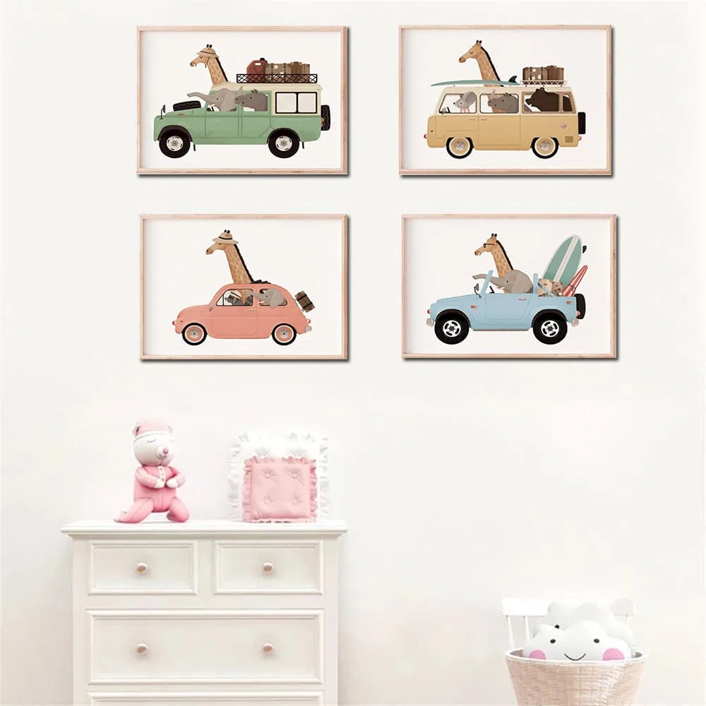 Youihom 4 Laminas Decorativas Pared Niños Automobile Cuadro Animales Habitacion Infantil Lienzo Dormitorio Niña Poster Pared Bebe Cuadros Infantiles 21 x 30 cm sin Marco