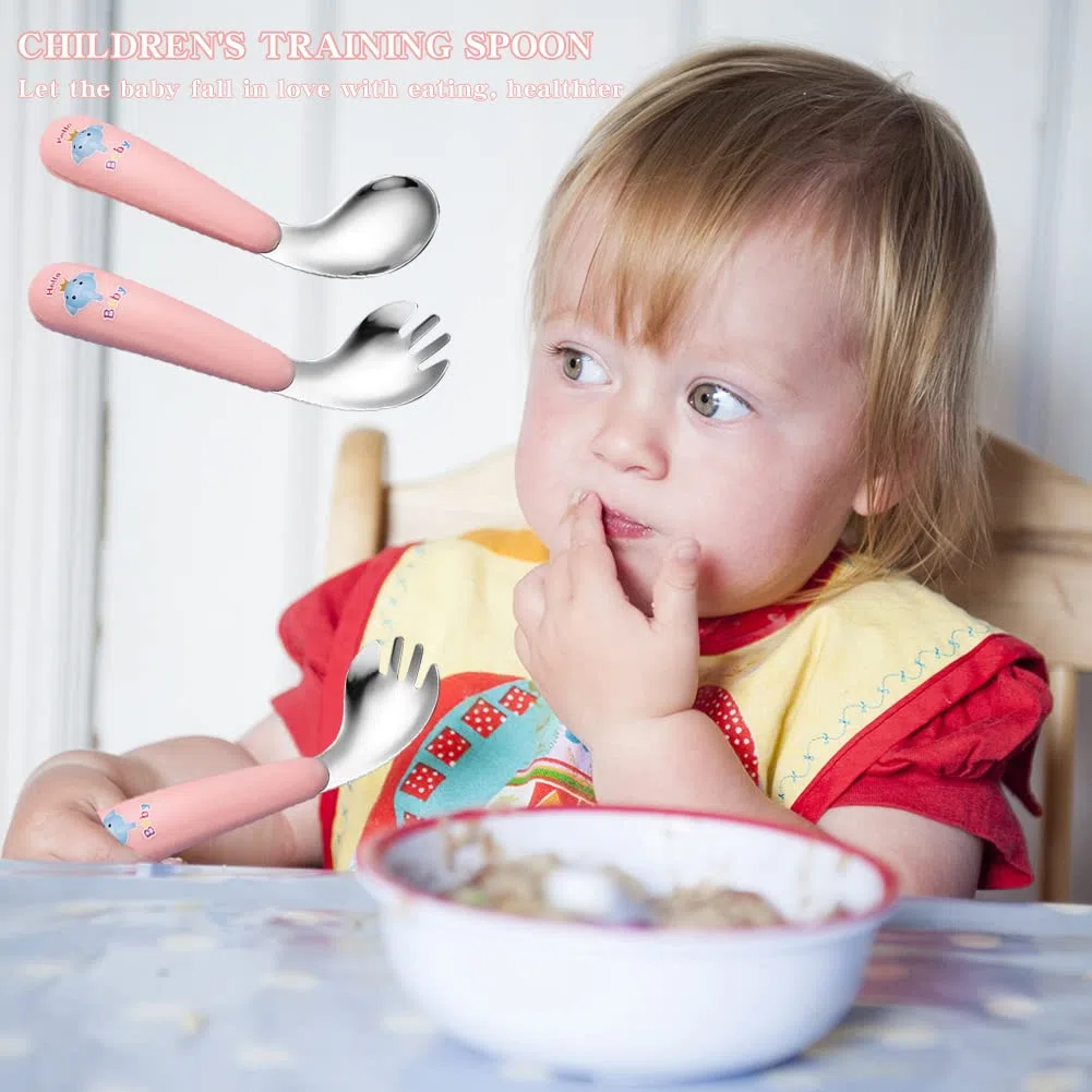 4 Pieza Cubiertos Bebe,Cubertería Infantil,Cuchara Autodidacta,Cubiertos Infantiles Acero Inoxidable,Anime a los niños a desarrollar su propia capacidad para comer