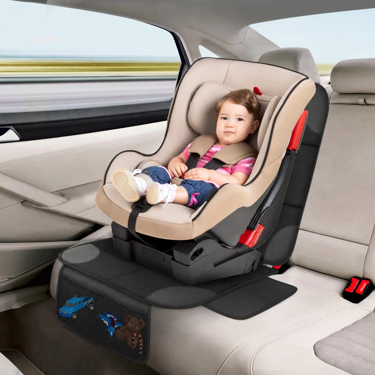 AiQInu Protector Asiento Coche, Impermeable Antideslizante Compatible Protector de Asiento de Coche de Niño con 2 Bolsillos de Almacenaje para Asiento de Coche de Cuero y Tela