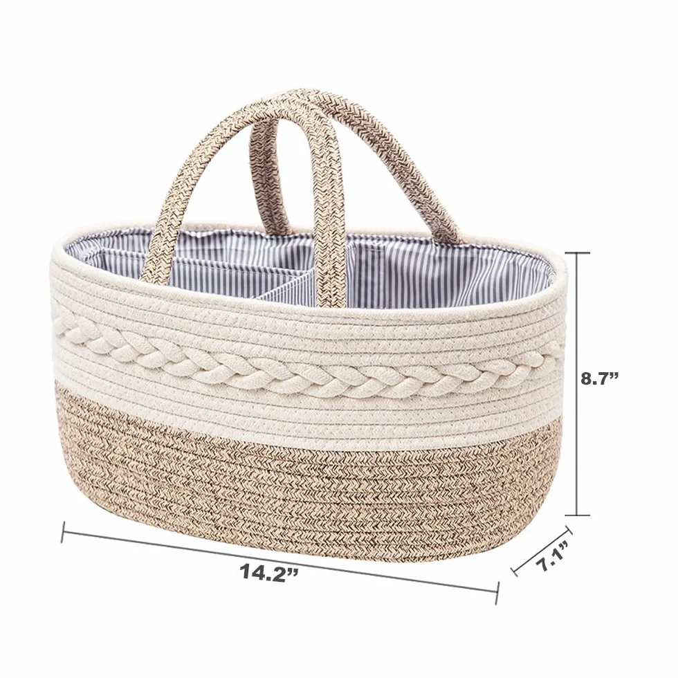 YEONHWA Caja de almacenamiento de pañales para bebé, cesto de almacenamiento de algodón para bebé de cuerda tejida, con asa portátil y gran caja de almacenamiento para el vestidor, beige