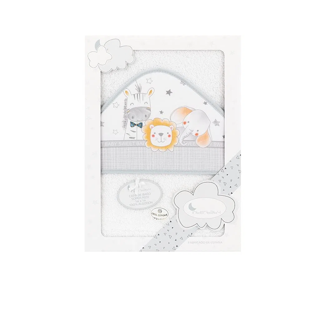 Interbaby - Capa de Baño Bebe Blanco/Gris | Toalla Bebe con Capucha 100% Algodón, 100x100cm, Unisex | Suave, Cómoda, Secado Rápido | Ideal Recién Nacidos, Bebes y Niños Pequeños | Diseño Animalitos