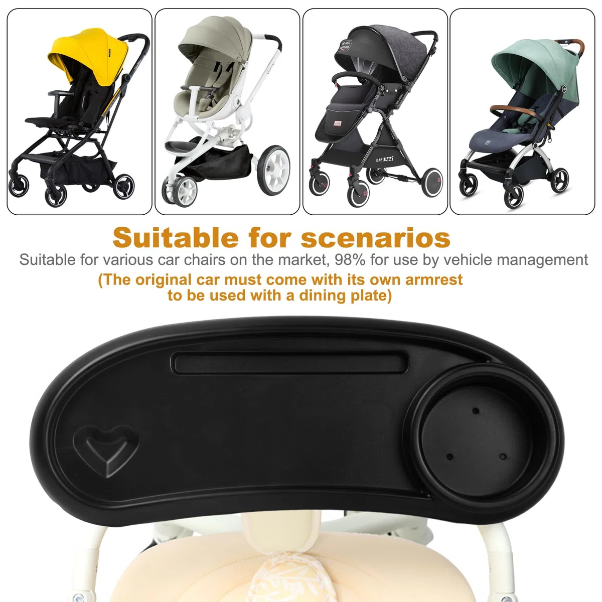 Bandeja para Cochecito de Bebé, Bandeja Universal para Cochecito, Extraíble Antideslizante Accesorio de Carrito de Bebé,3 en 1 con Clip Ajustable,para Cochecitos con Reposabrazos (Negro)