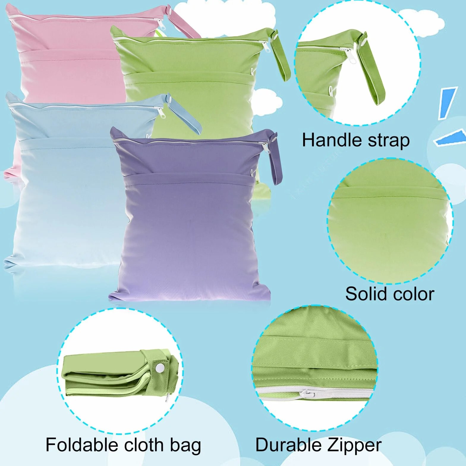 4 bolsas para pañales impermeables, reutilizables, con cremallera, viajes de bebé, Azul cielo + verde hierba