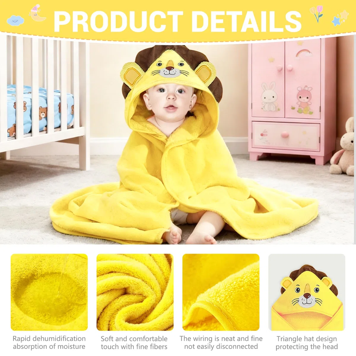 2 toallas de bebé con capucha, 80 x 80 cm, toalla con capucha para bebés, bonita forma de animal, oso blanco y león amarillo, para baño de bebé, unisex