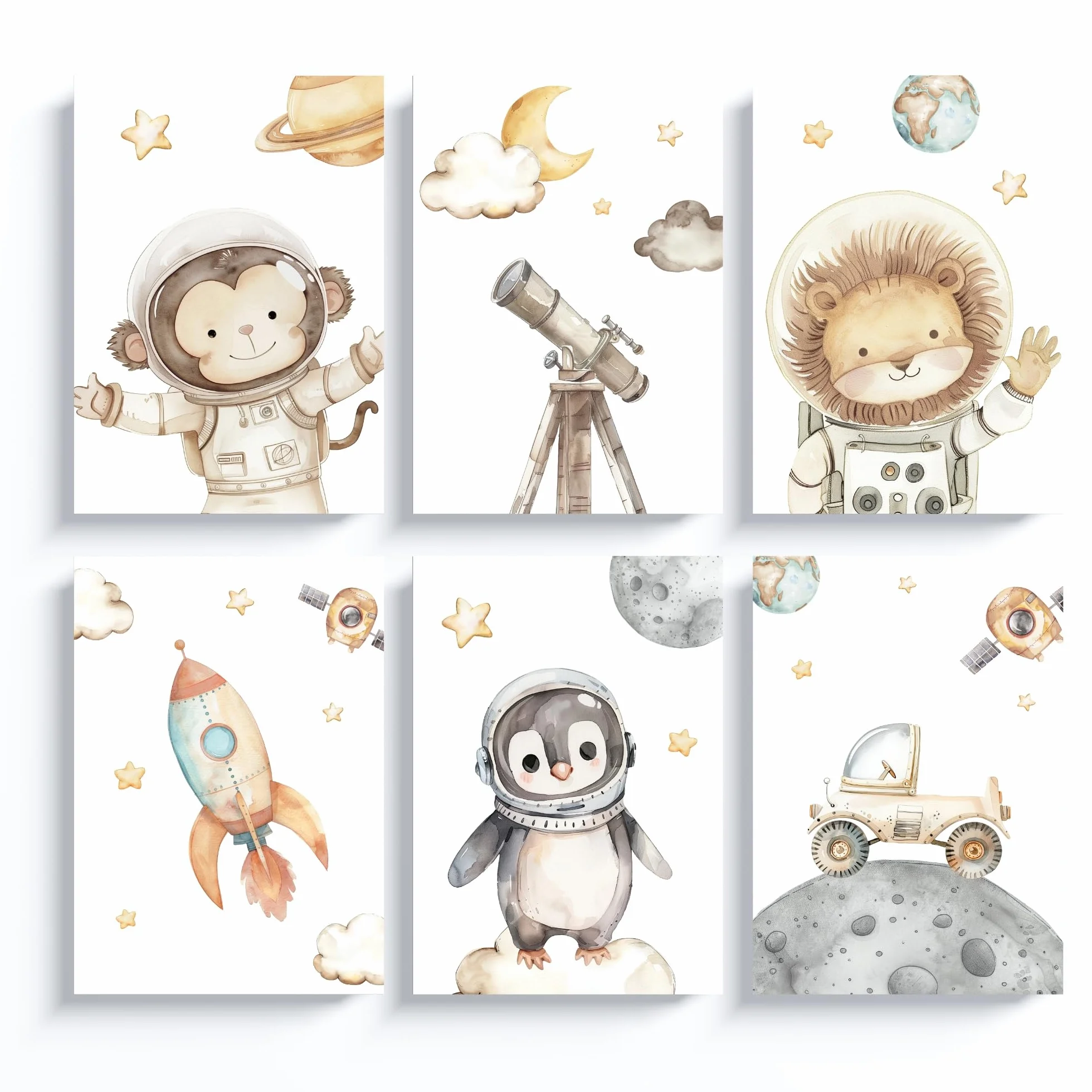 ayurvana: Set 6 Láminas Espacio Bebé - Decoración Pared Habitación Infantil | Set de 6 láminas A4 con animales astronautas. Diseño acuarela para decorar la habitación de tu bebé con ternura y estilo.