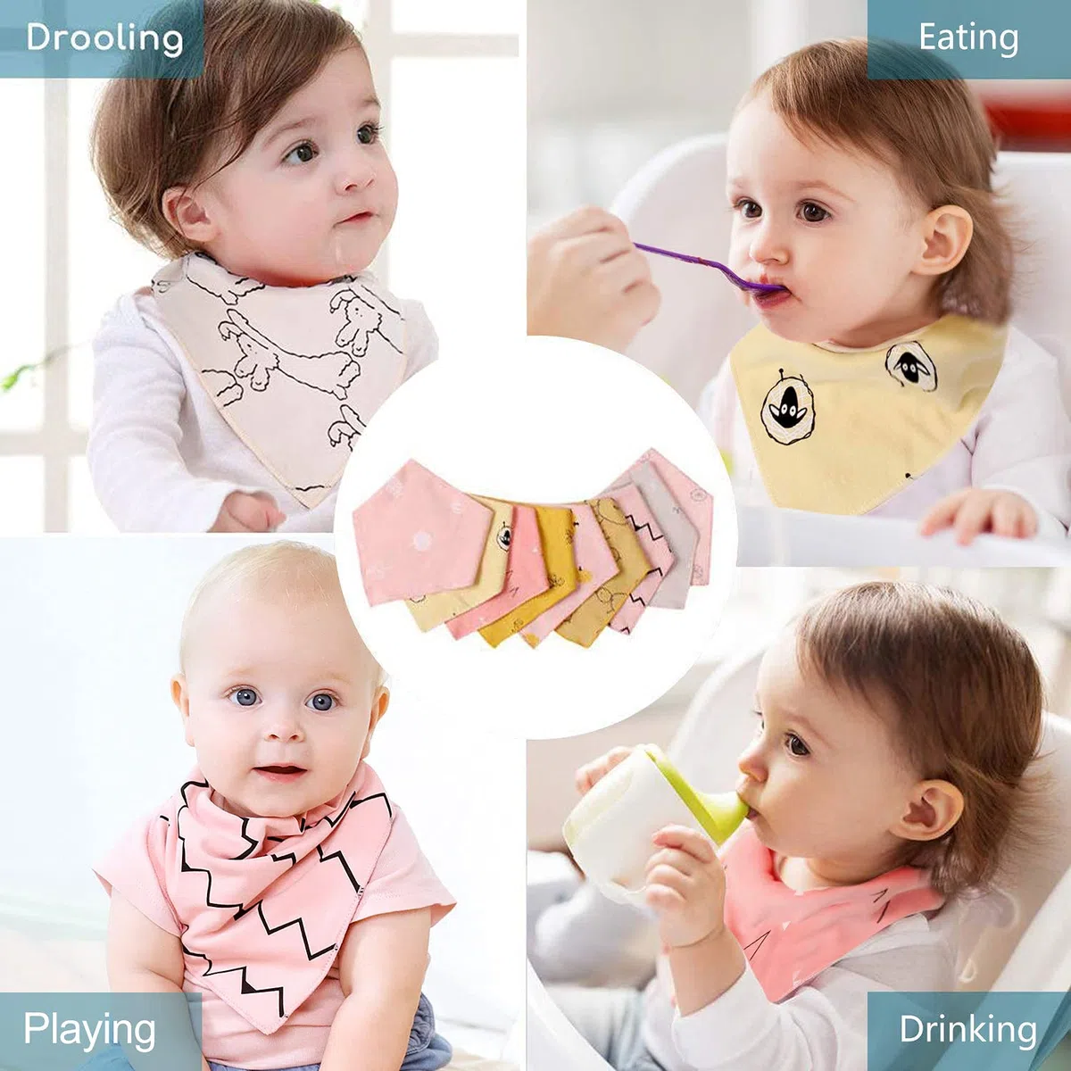 Viedouce Babero Bebe 9 Piezas,Bandana Bebe para Niños Niñas,Baberos Bebe Recien Nacido Algodon con Ajustables Botón,Suave & Absorbente
