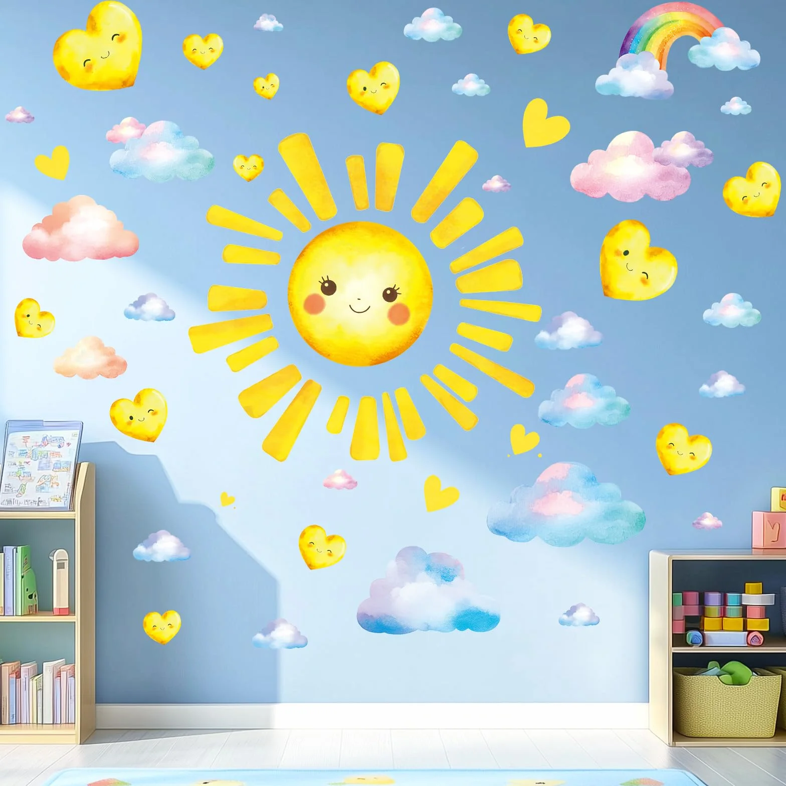 SHUCHING Pegatinas de Pared Sol Grande, Vinilo Adhesivo Pared Nubes para Niños, Vinilos Decorativos para Dormitorio Infantil